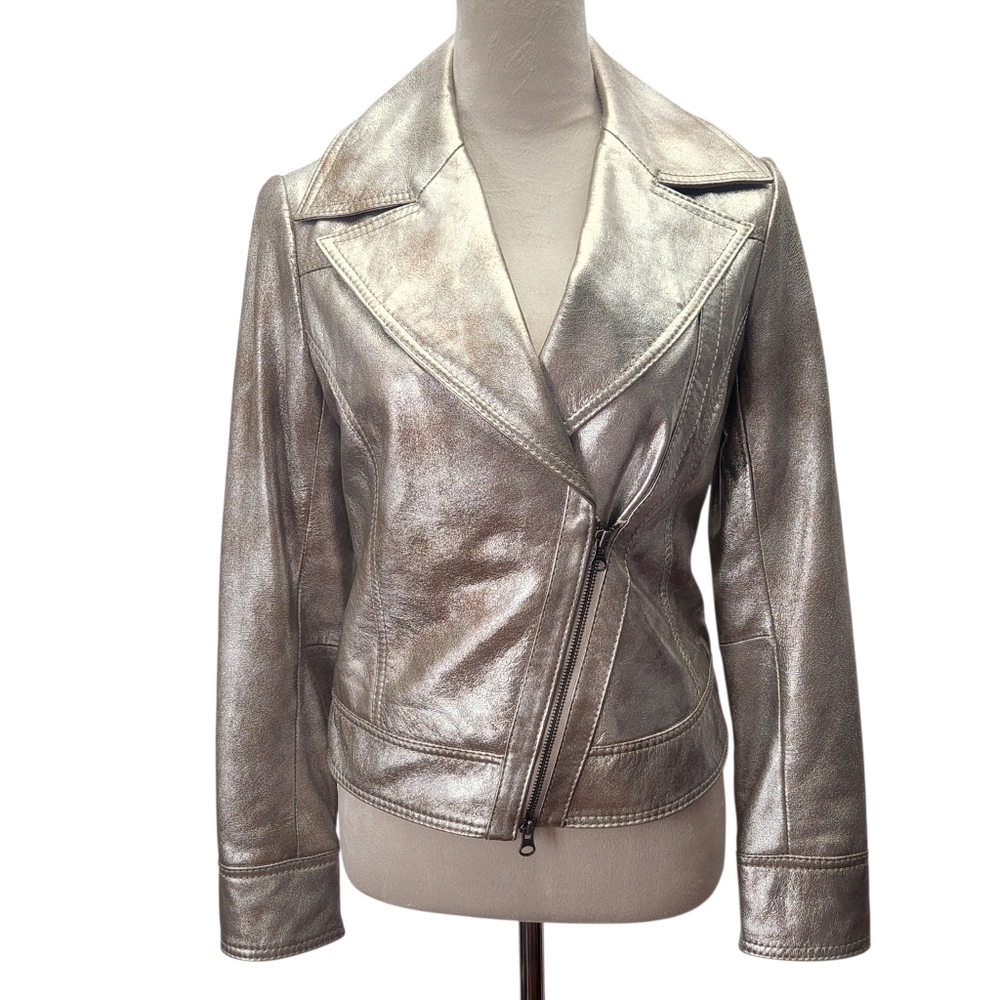 Cache Metallic Silver/Gold Leather Moto Jacket Size 2 RARE